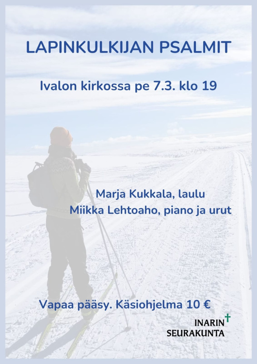 Konsertti Marja Kukkala & Miikka Lehtoaho Kuva on konsertin mainos, taustalla näkyy hiihtäjä tunturissa.